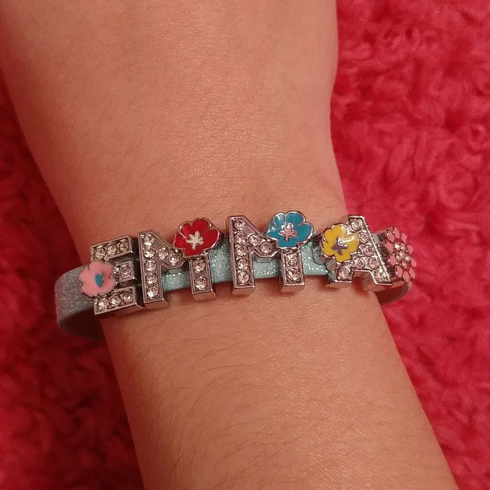 Girls Blue Sparkly Emma Silver Name Plate Bracelet